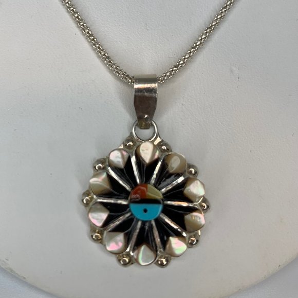 Andrick Dewa Zuni Sterling Inlay Pendant Necklace